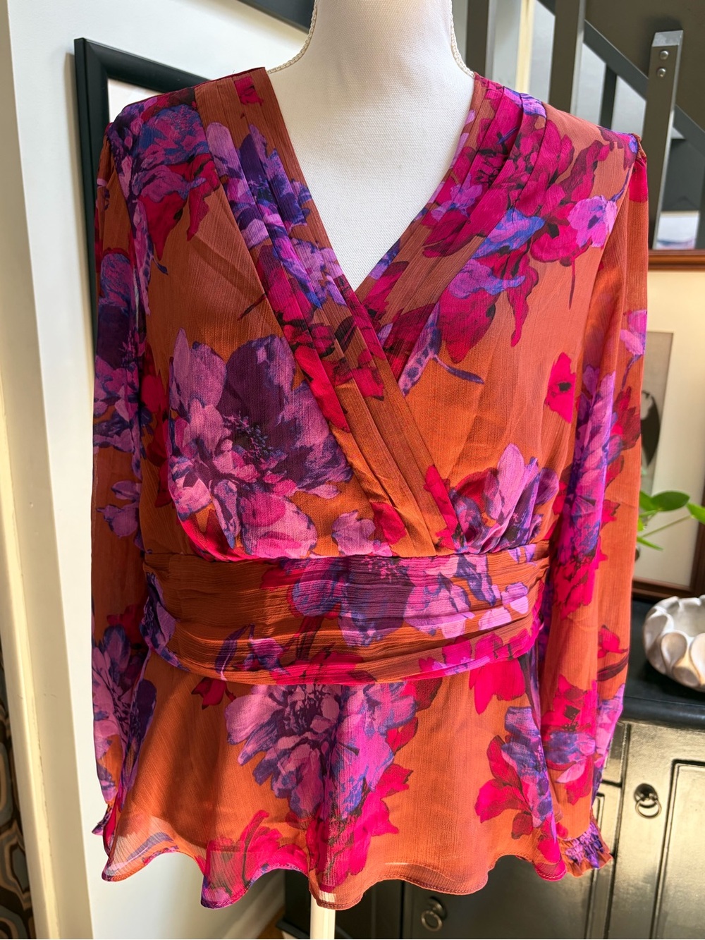 Rust Orange Floral Wrap Blouse with Pink & Purple Blooms